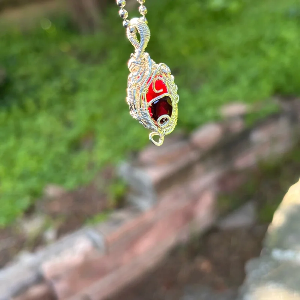 Elegant Silver and Red Wire-Wrapped Pendant Necklace